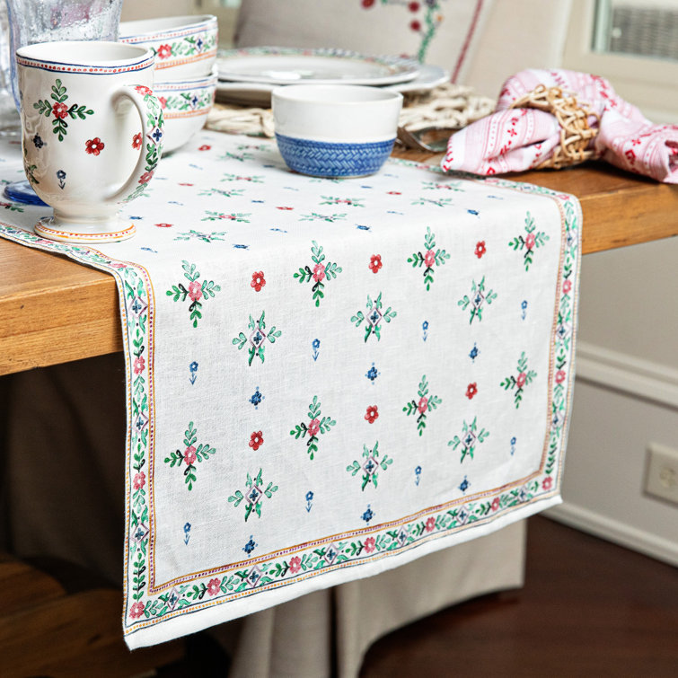 Winter Floral Linen Table Runner with Folkloric Border