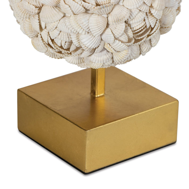 White Linen Coastal Shell Lamp with Polished Brass Base