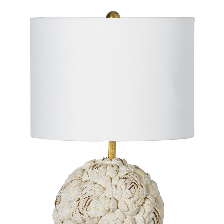 White Linen Coastal Shell Lamp with Polished Brass Base
