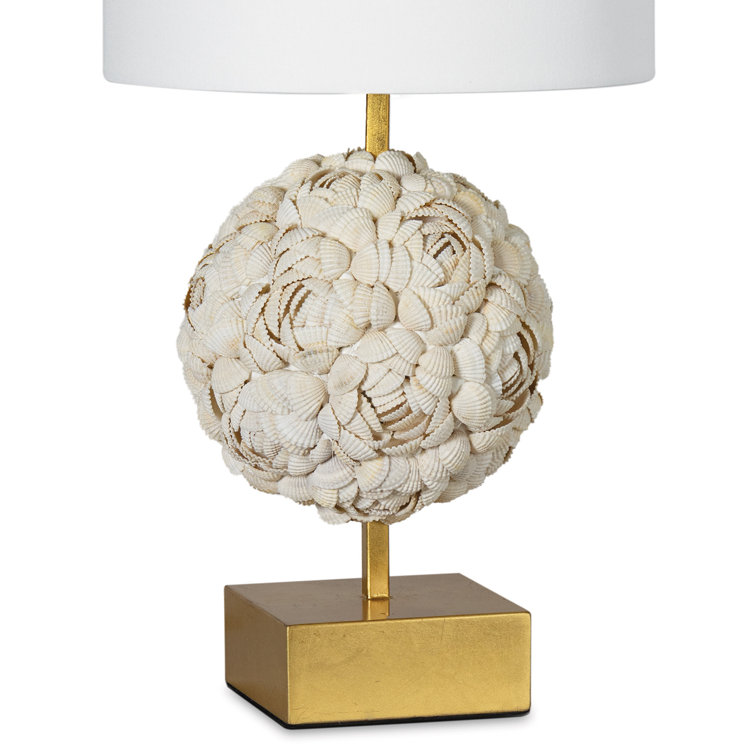 White Linen Coastal Shell Lamp with Polished Brass Base
