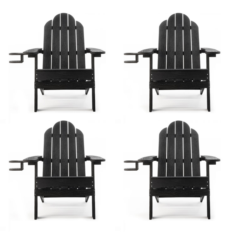 Black Foldable Poly Adirondack Chairs with Cup Holder, Set of 4
