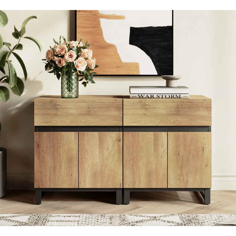 Oak and Black Wood End Table Set with Storage