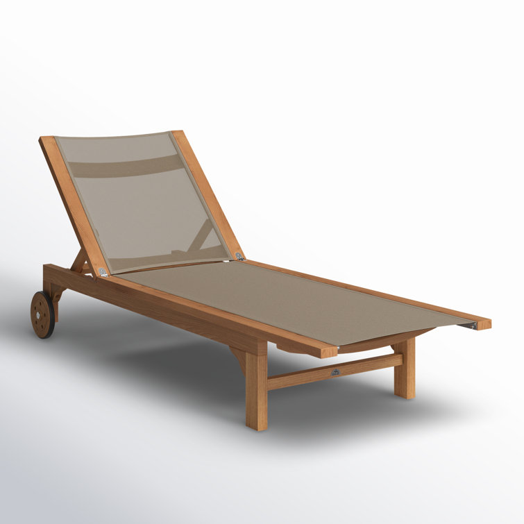 Taupe Teak Outdoor Reclining Chaise Lounge with Wheels