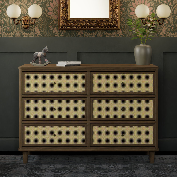Natural Walnut and Blonde Cane 6-Drawer Dresser with Soft Close