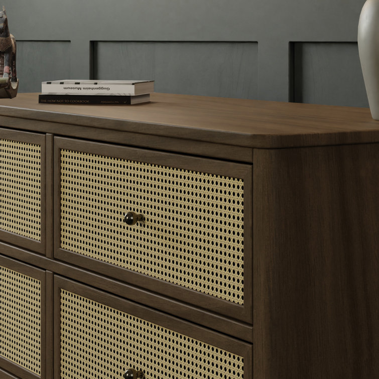 Natural Walnut and Blonde Cane 6-Drawer Dresser with Soft Close