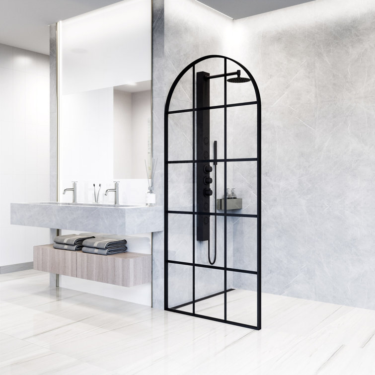 Arden 34" W x 78" H Matte Black Framed Shower Screen with Clear Grid Glass