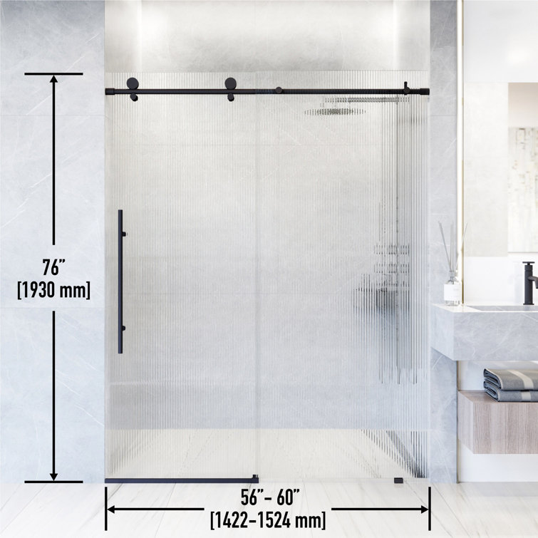 Elan E-Class 56-60" Matte Black Frameless Sliding Shower Door with Fluted Glass