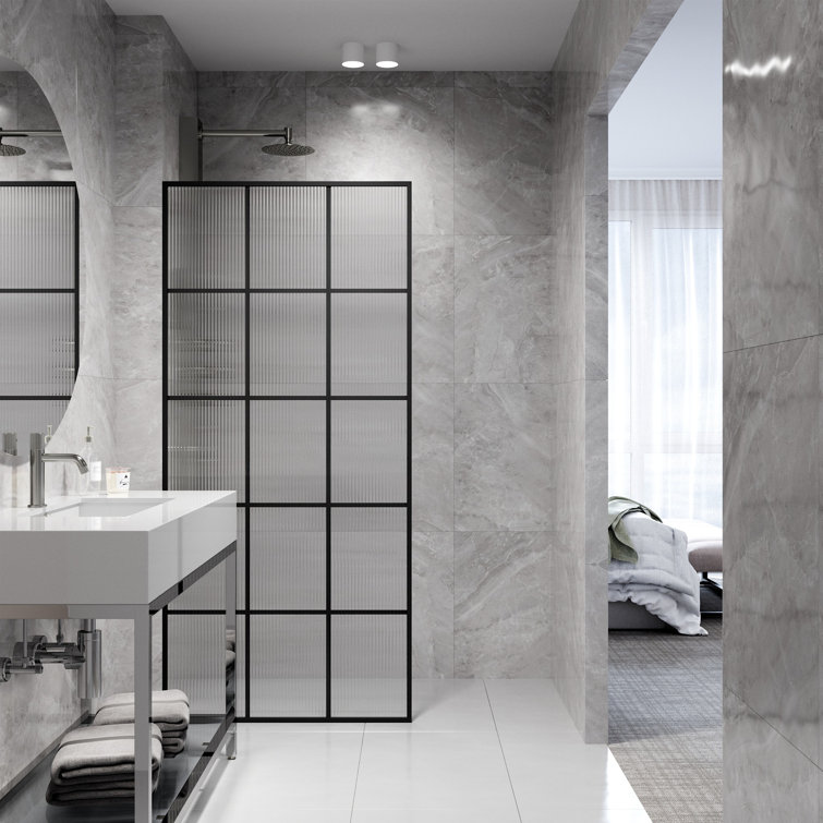 Mosaic Matte Black 34" x 74" Fluted Glass Shower Screen