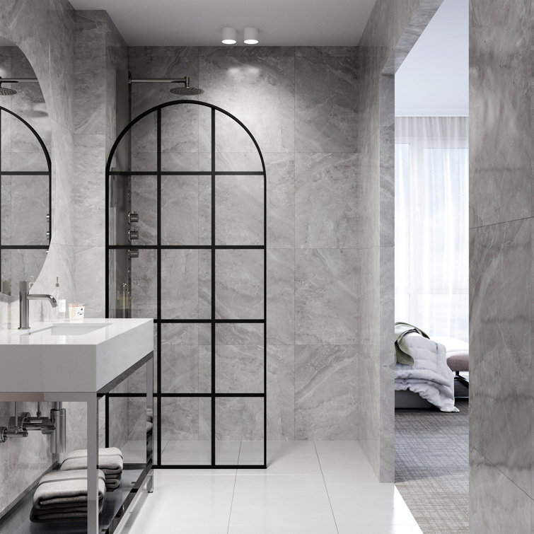 Arden 34" W x 78" H Matte Black Framed Shower Screen with Clear Grid Glass