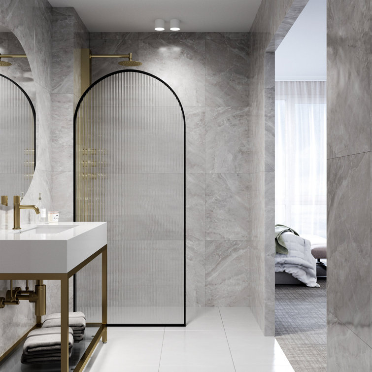 Arden 34" Matte Black Fluted Glass Shower Screen