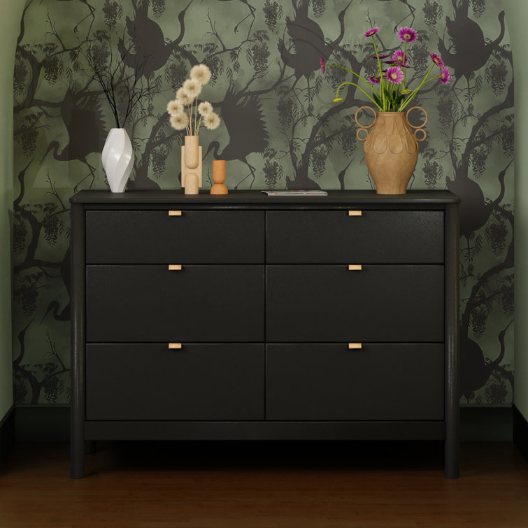 Black Pinewood 6-Drawer Dresser with Vegan Leather Pulls