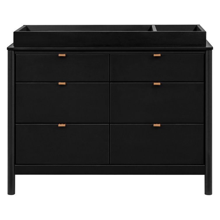 Black Pinewood 6-Drawer Dresser with Vegan Leather Pulls