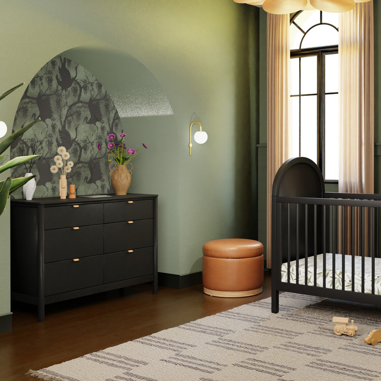 Black Pinewood 6-Drawer Dresser with Vegan Leather Pulls