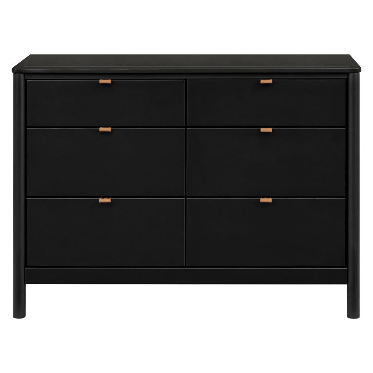 Black Pinewood 6-Drawer Dresser with Vegan Leather Pulls