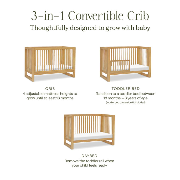 Honey Wood 3-in-1 Convertible Crib with Toddler Bed Kit