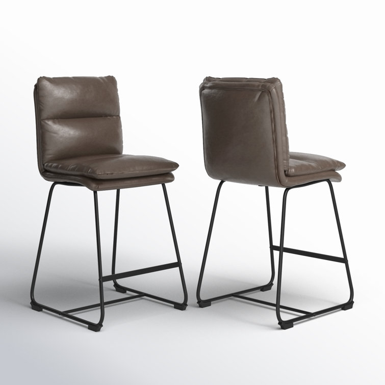 Brown Faux Leather Upholstered Counter Stools with Metal Frame, Set of 2