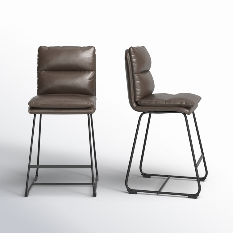 Brown Faux Leather Upholstered Counter Stools with Metal Frame, Set of 2