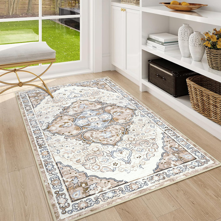 Beige and Brown Oriental Machine Washable Chenille Rug