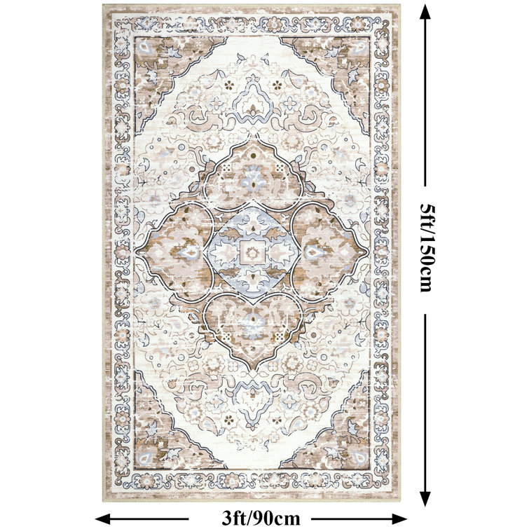 Beige and Brown Oriental Machine Washable Chenille Rug