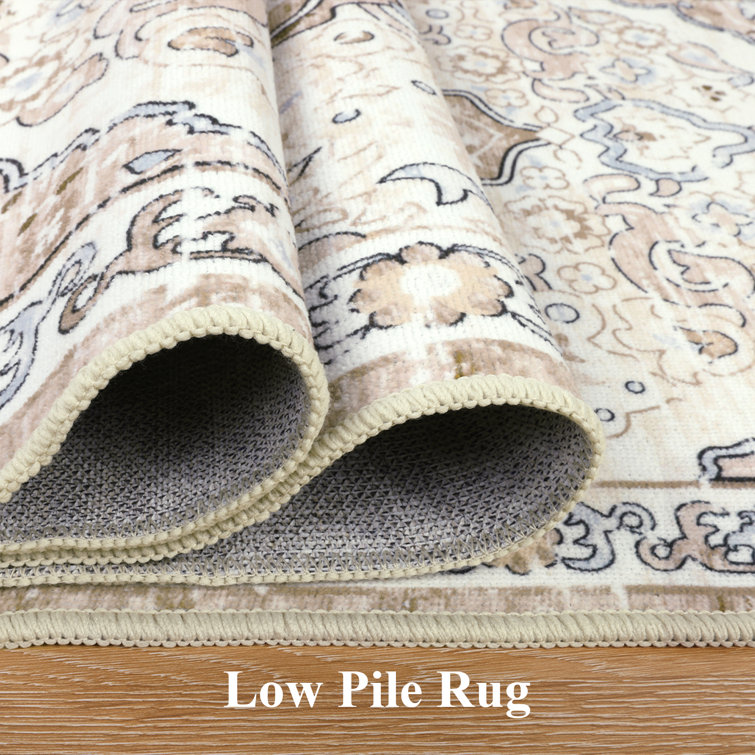 Beige and Brown Oriental Machine Washable Chenille Rug