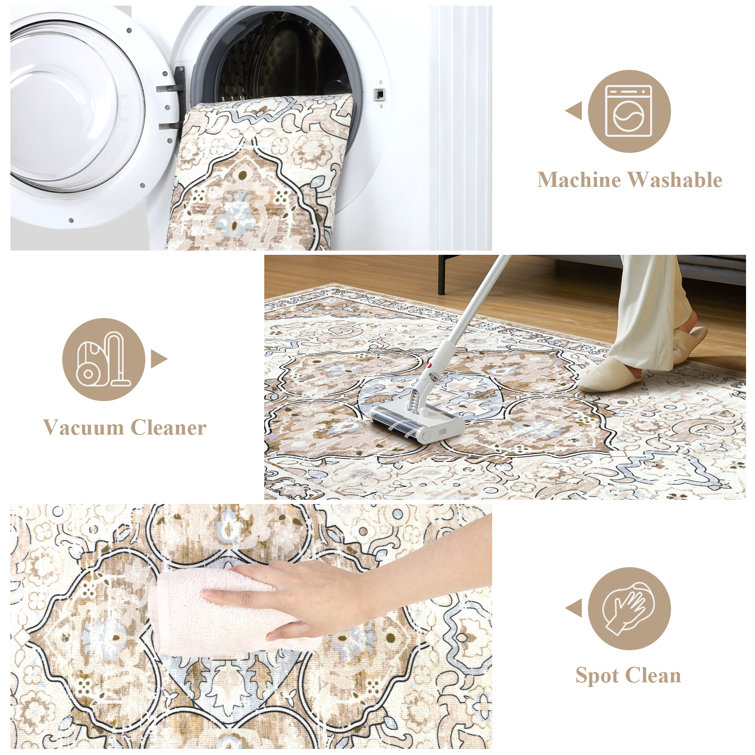Beige and Brown Oriental Machine Washable Chenille Rug