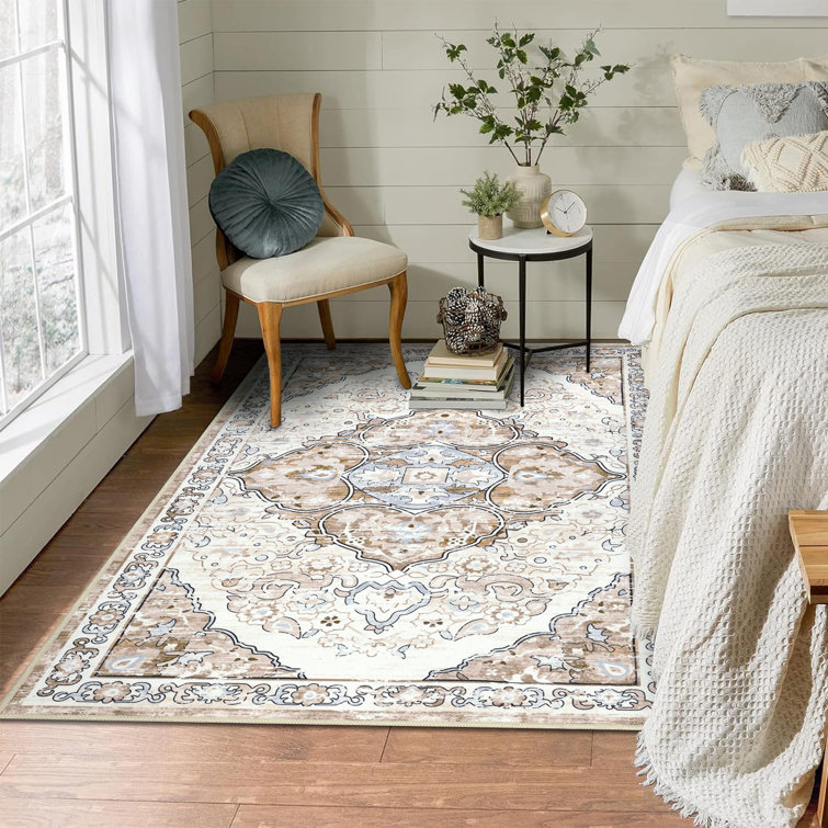 Beige and Brown Oriental Machine Washable Chenille Rug