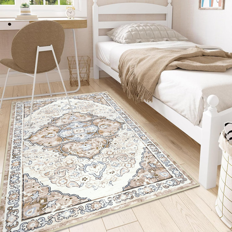 Beige and Brown Oriental Machine Washable Chenille Rug