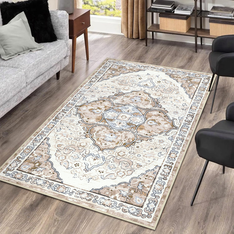 Beige and Brown Oriental Machine Washable Chenille Rug