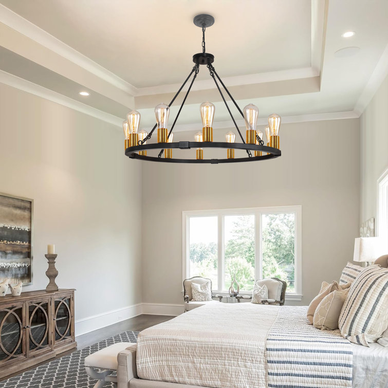 Black and Gold 12-Light Wagon Wheel Chandelier