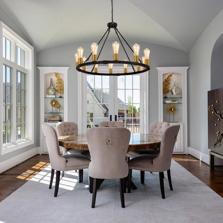 Black and Gold 12-Light Wagon Wheel Chandelier
