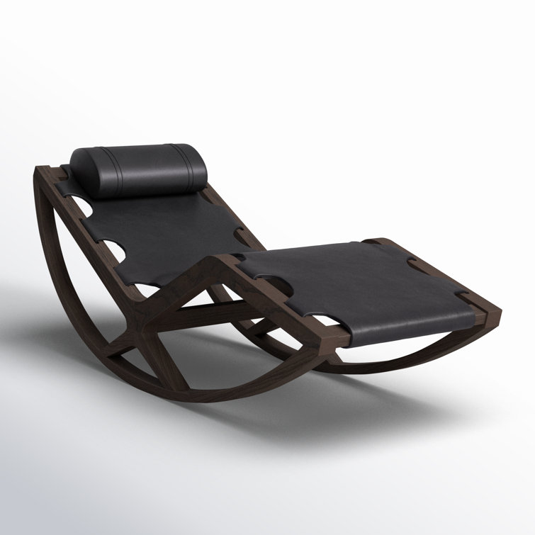 Black Leather and Wood Zero-Gravity Chaise Lounge