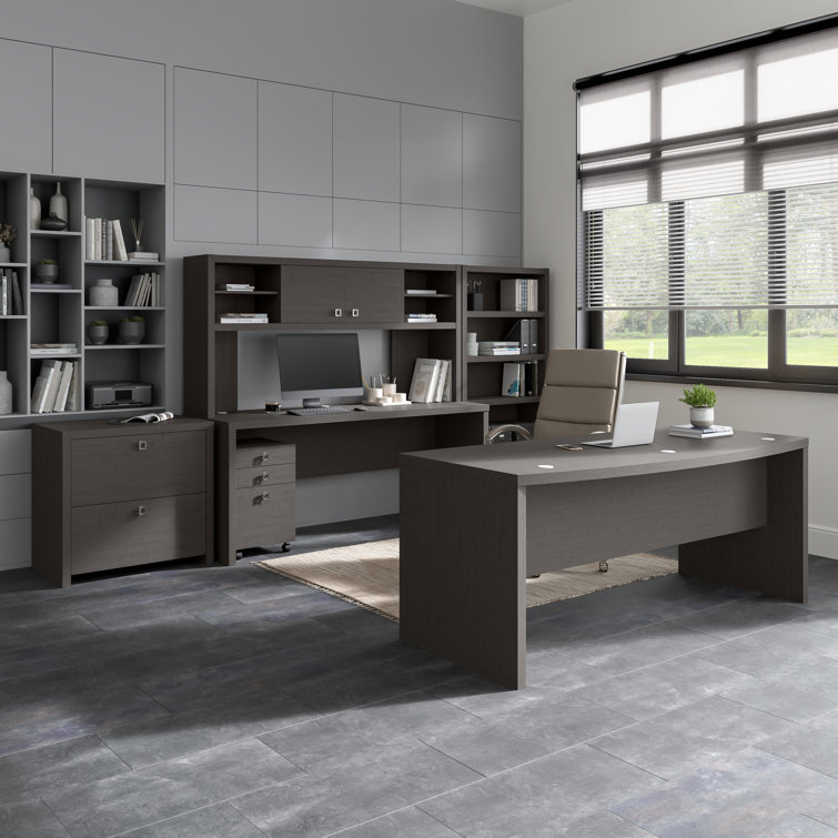 Gray Charcoal Maple L-Shaped Computer Desk with Filing Cabinet