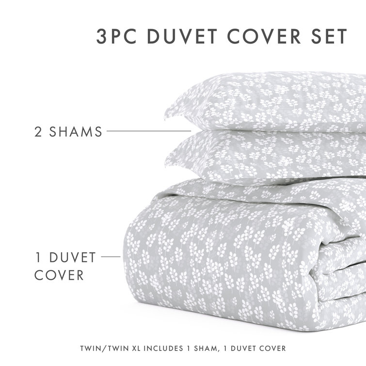 Gray Floral Microfiber Queen Duvet Cover Set
