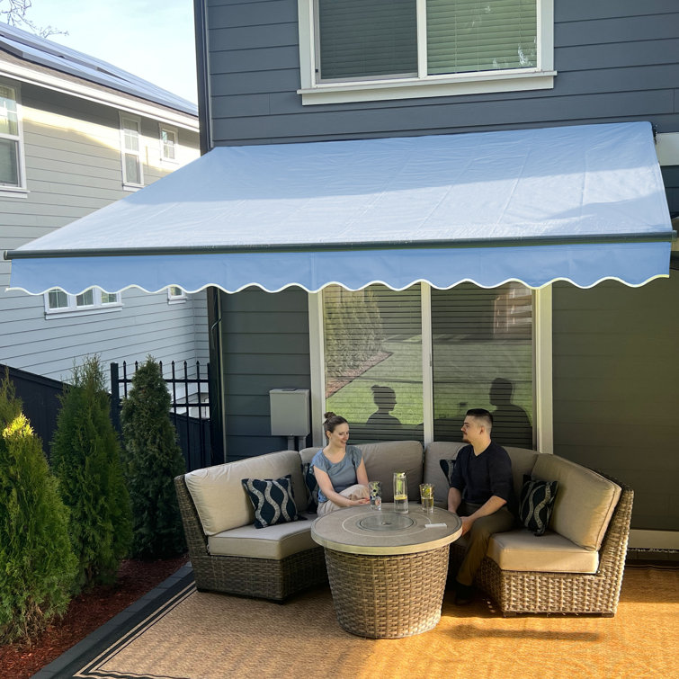 Sky Blue 12' x 10' Manual Retractable Patio Awning with Black Frame