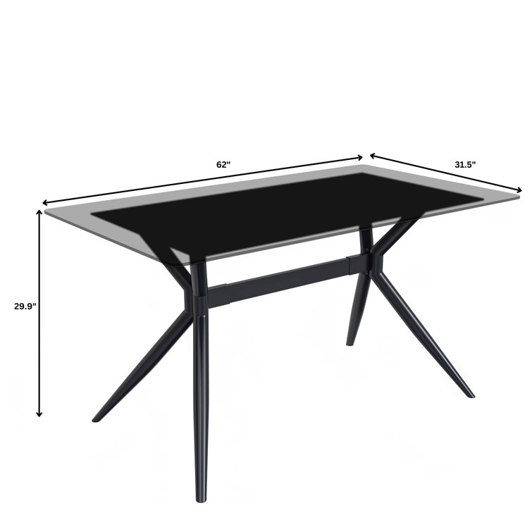 Modern Deep Grey Glass Rectangular Dining Table with Black Steel Base