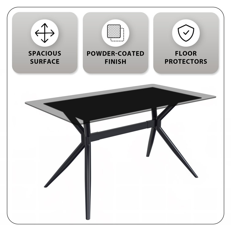 Modern Deep Grey Glass Rectangular Dining Table with Black Steel Base
