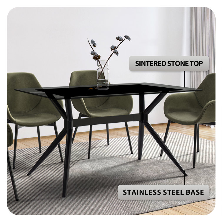 Modern Deep Grey Glass Rectangular Dining Table with Black Steel Base