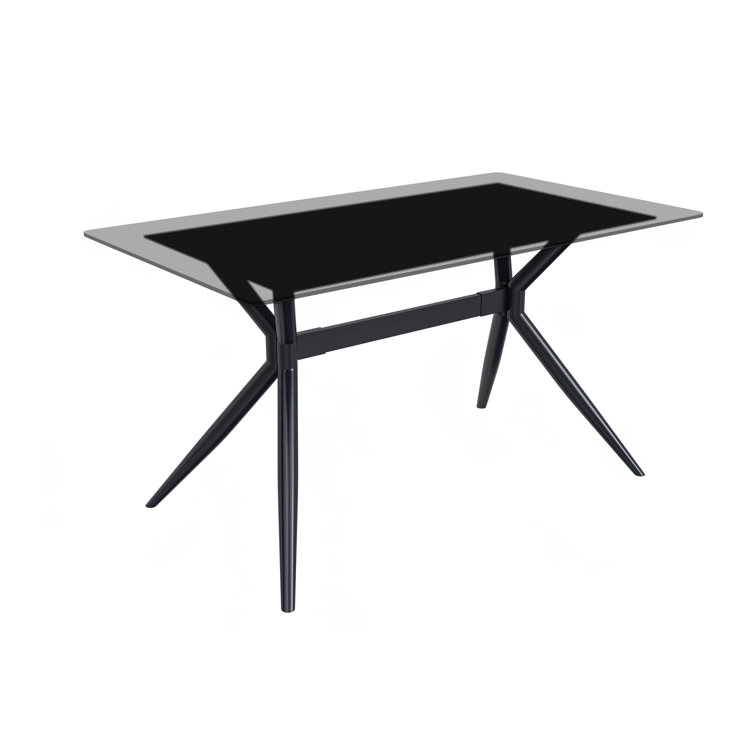 Modern Deep Grey Glass Rectangular Dining Table with Black Steel Base