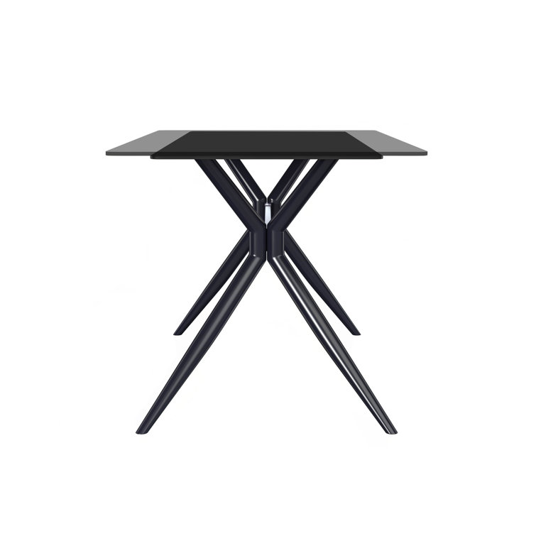 Modern Deep Grey Glass Rectangular Dining Table with Black Steel Base