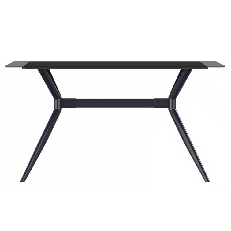 Modern Deep Grey Glass Rectangular Dining Table with Black Steel Base