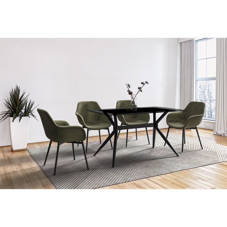 Modern Deep Grey Glass Rectangular Dining Table with Black Steel Base