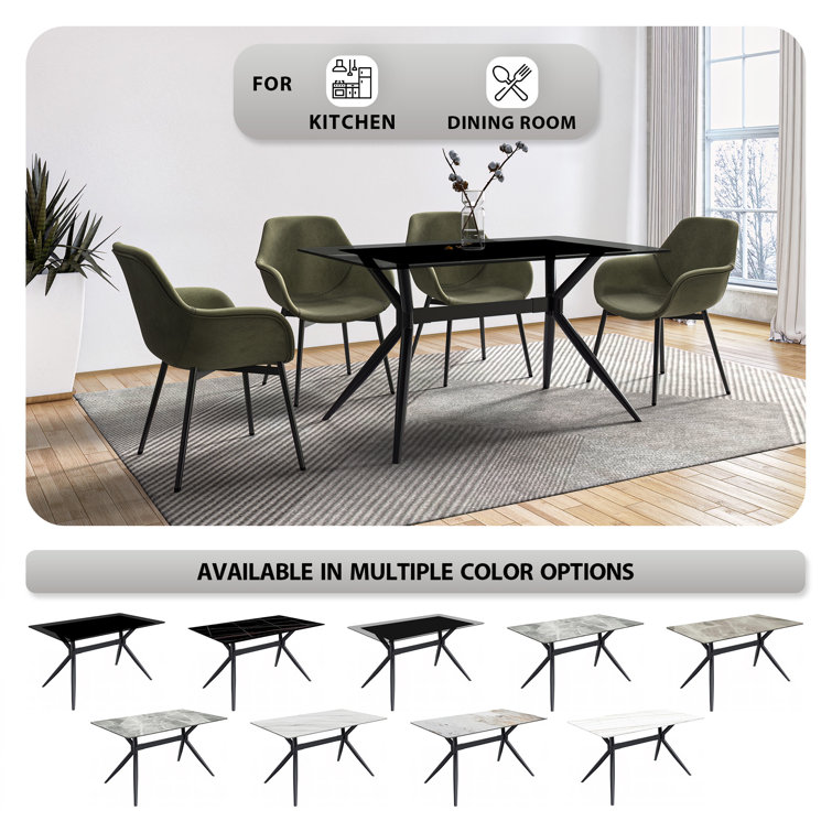 Modern Deep Grey Glass Rectangular Dining Table with Black Steel Base