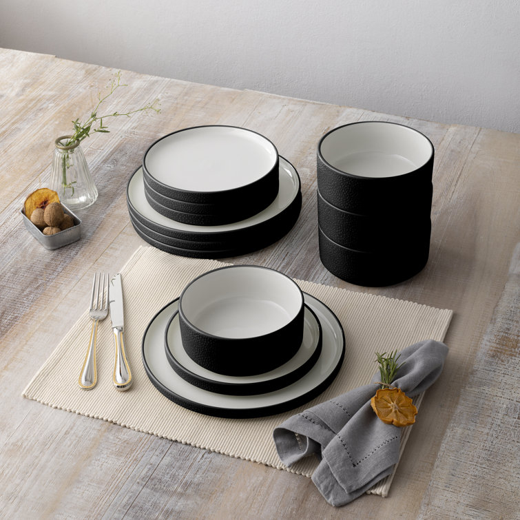 Black and White Porcelain 12-Piece Dinnerware Set, Service for 4