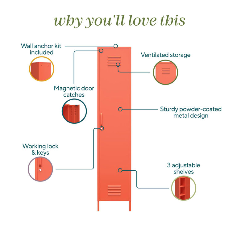 Cache Tall Orange Metal Locker Storage Cabinet with Adjustable Shelving