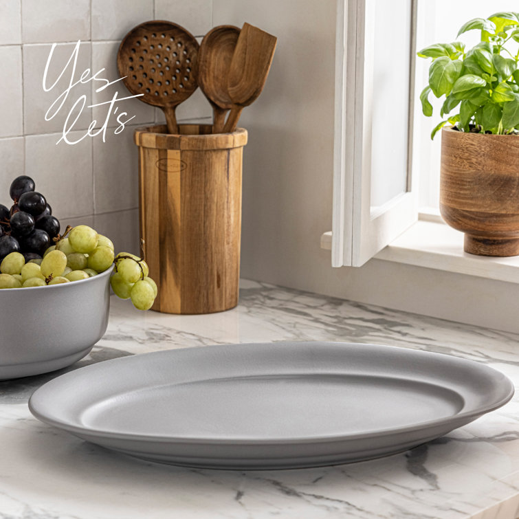 Gray Ceramic Oval Serving Platter with Glossy Finish