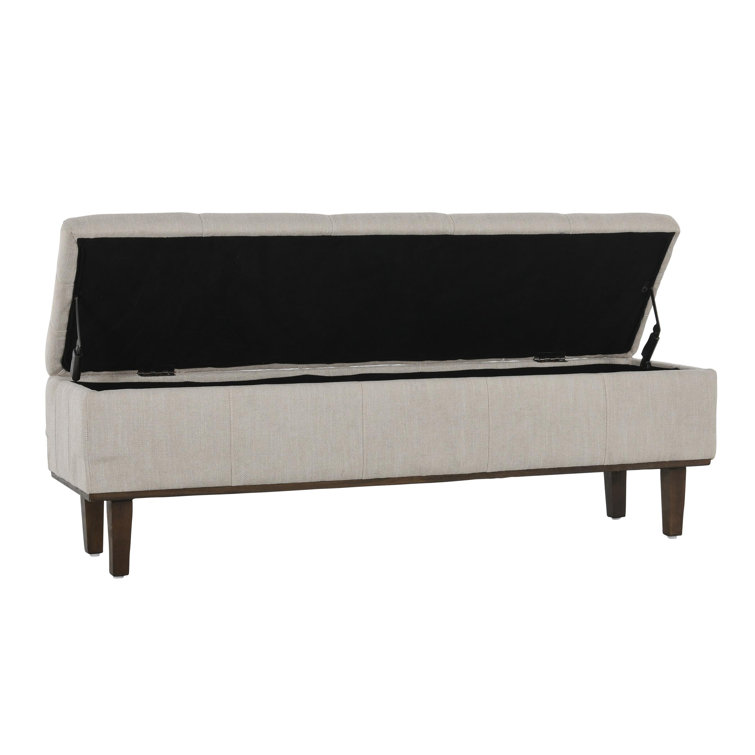 Elegant French Beige Tufted Storage Bench with Contrasting Wood Frame 54"