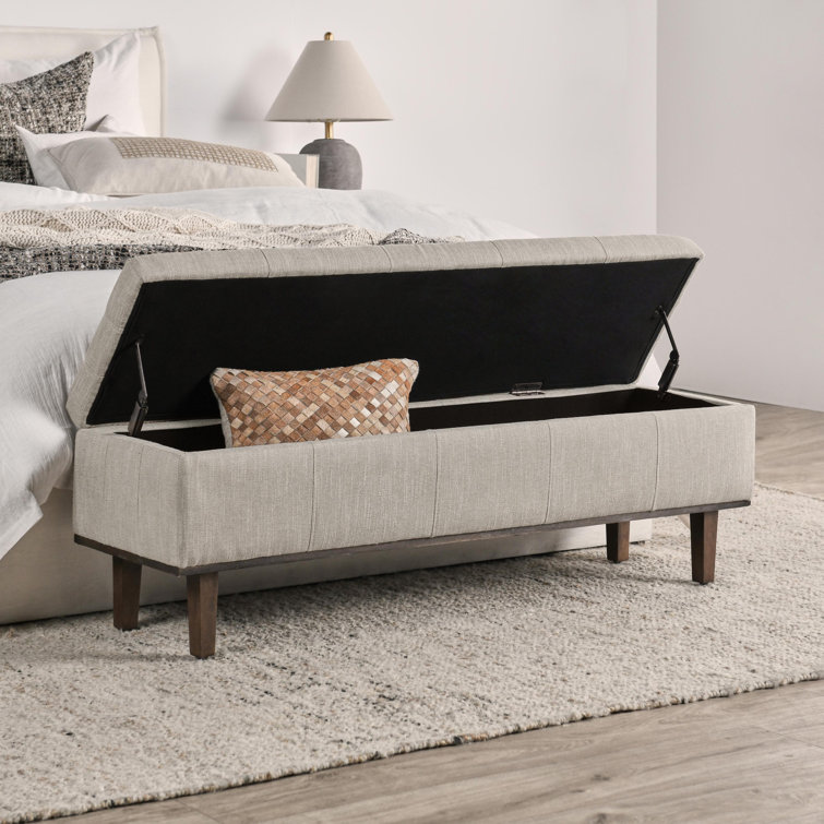 Elegant French Beige Tufted Storage Bench with Contrasting Wood Frame 54"