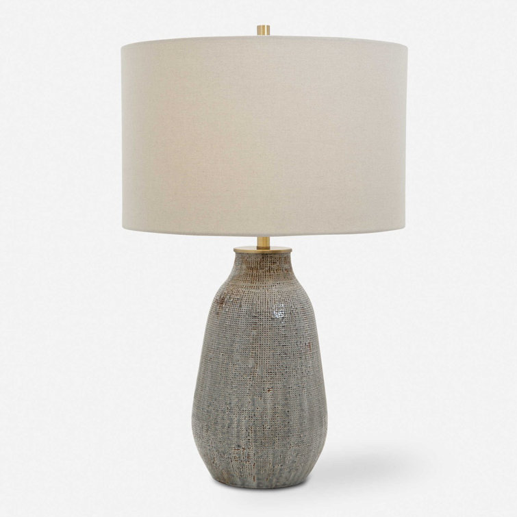 Monacan 26" Gray and Brown Ceramic Table Lamp with Off-White Drum Shade