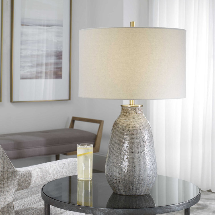 Monacan 26" Gray and Brown Ceramic Table Lamp with Off-White Drum Shade
