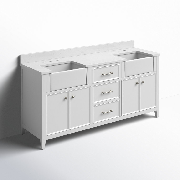 White Solid Wood Double Bathroom Vanity with Ceramic Sinks